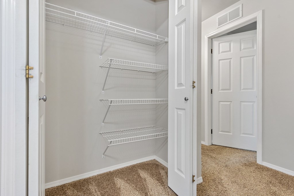 A white pantry with a carpeted floor and a white door.
