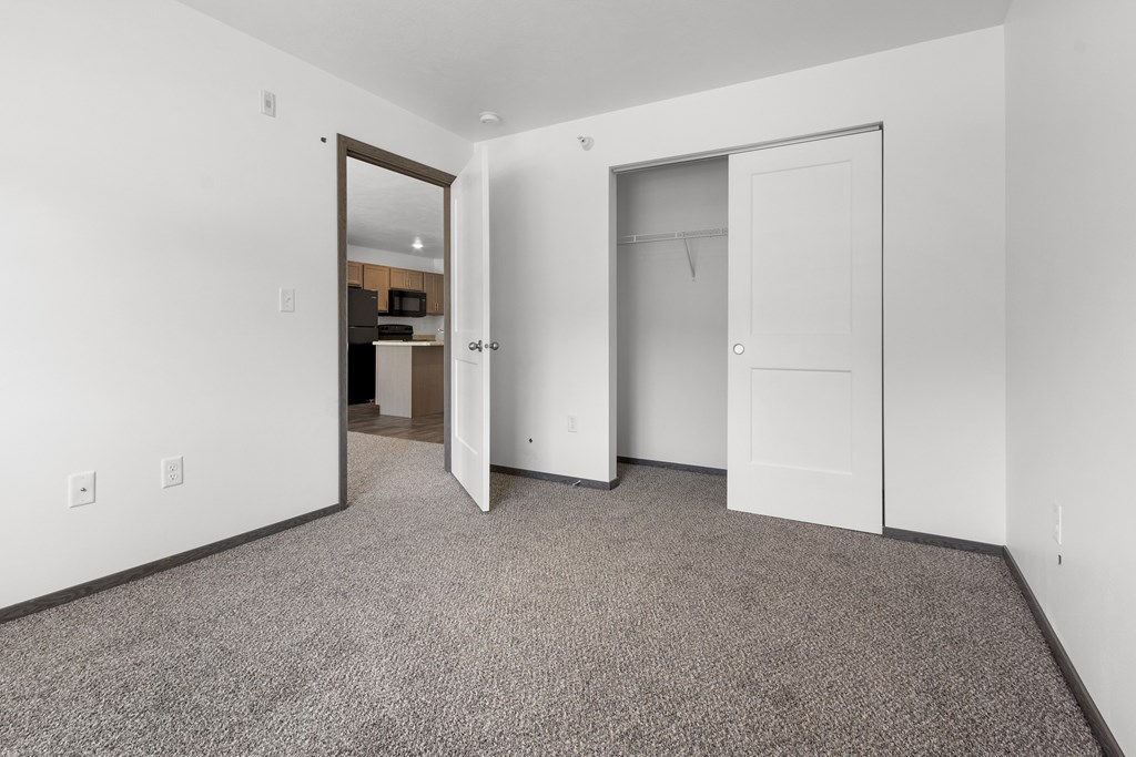 A room with a carpeted floor and two white doors.