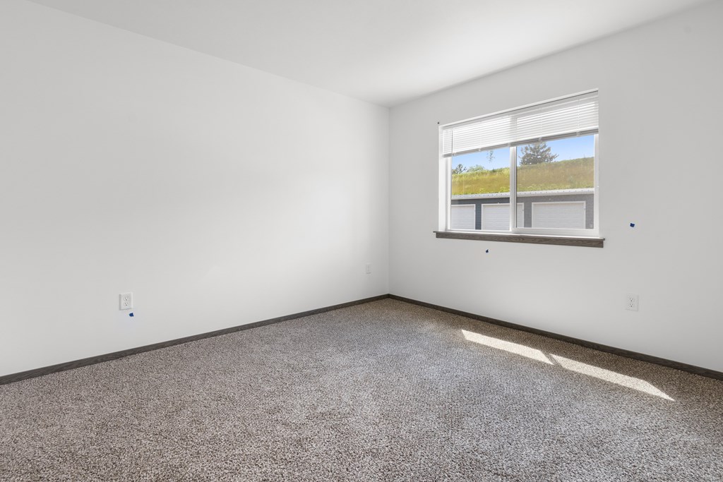 A room with a carpeted floor and a window showing a grassy field outside.