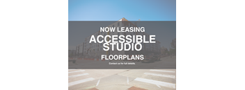 a now leasing accessible studio floorplan on a city street