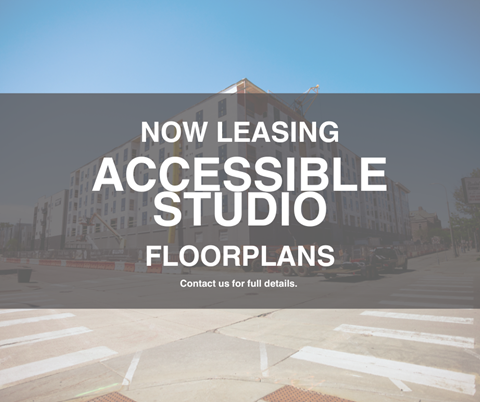 a now leasing accessible studio floorplan on a city street