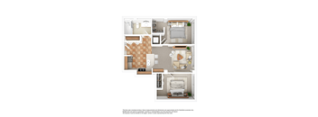 A floor plan of a house with a kitchen, living room, bedrooms and bathrooms.