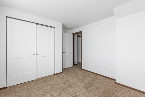 a bedroom with two closets and a door to a hallway