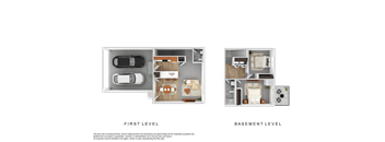 A floor plan shows a first level with a garage and a basement level with a laundry room.