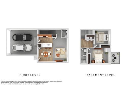 A floor plan shows a first level with a garage and a basement level with a laundry room.