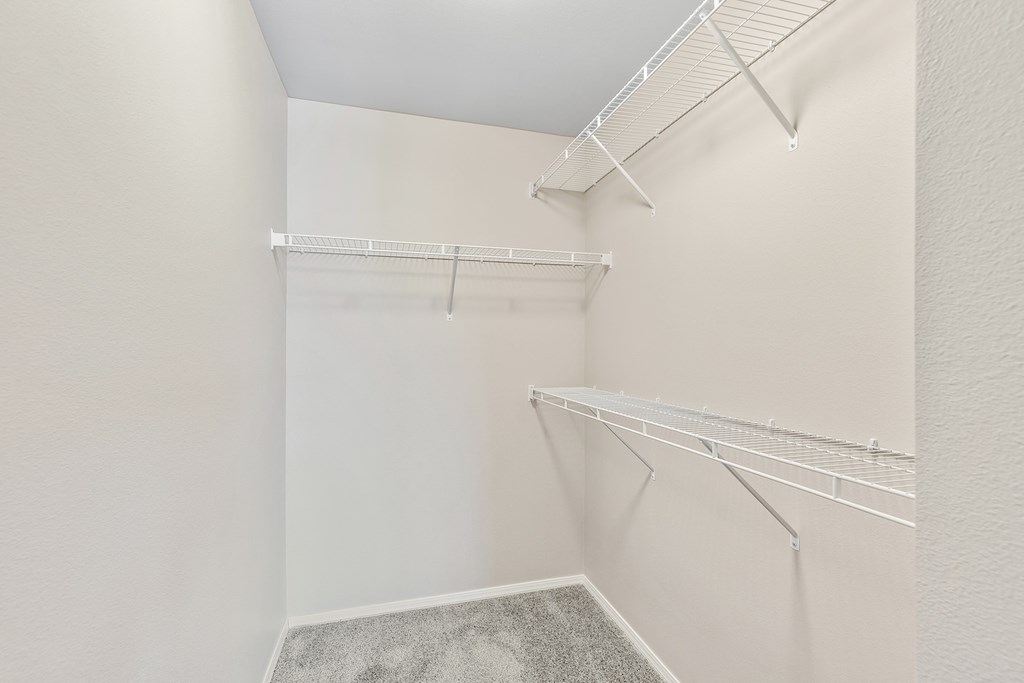 our spacious closets are equipped with a spacious mirrored closet wall with shelves and hooks