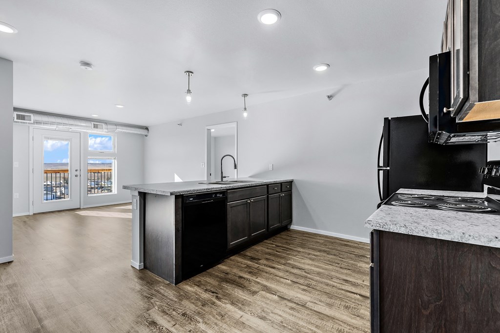 kitchen with living room view