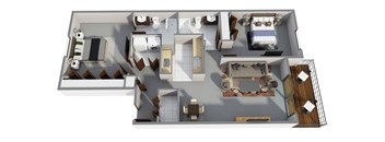 A 3D floor plan of a house with multiple rooms and furniture.