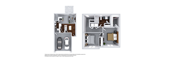 A floor plan of a two-story house with a garage and a living room.