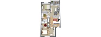 A floor plan of a house with a living room, dining room, kitchen, and multiple bathrooms.