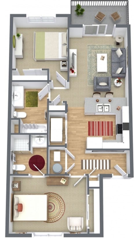 A floor plan of a house with a living room, dining room, kitchen, and multiple bathrooms.