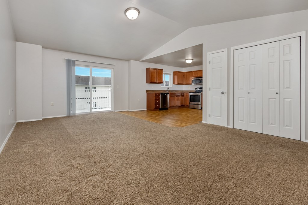 A spacious living room with a carpeted floor and a kitchen area in the background.