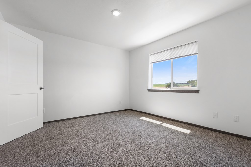 A room with a carpeted floor, a window, and a door.