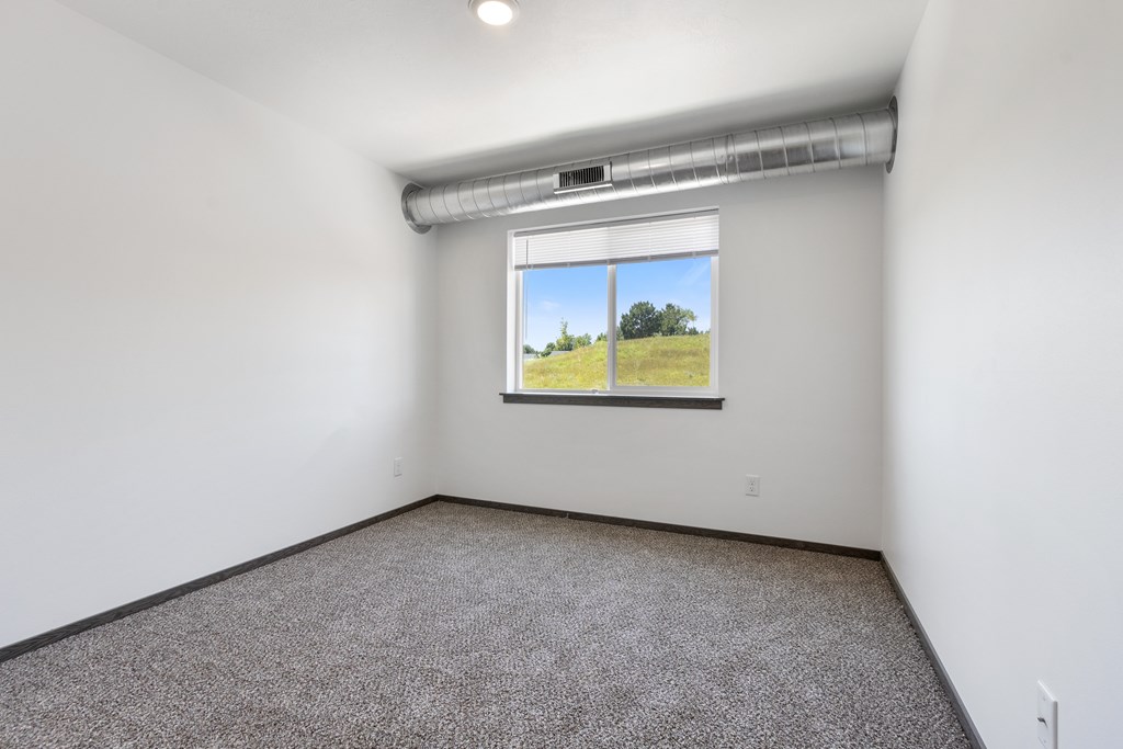 A room with a window showing a green field outside.
