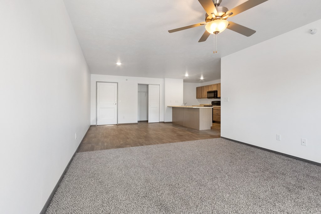 A room with a ceiling fan and carpeted floor.