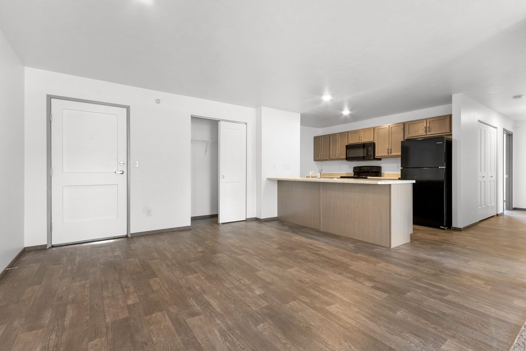 A kitchen area with a counter and cabinets.