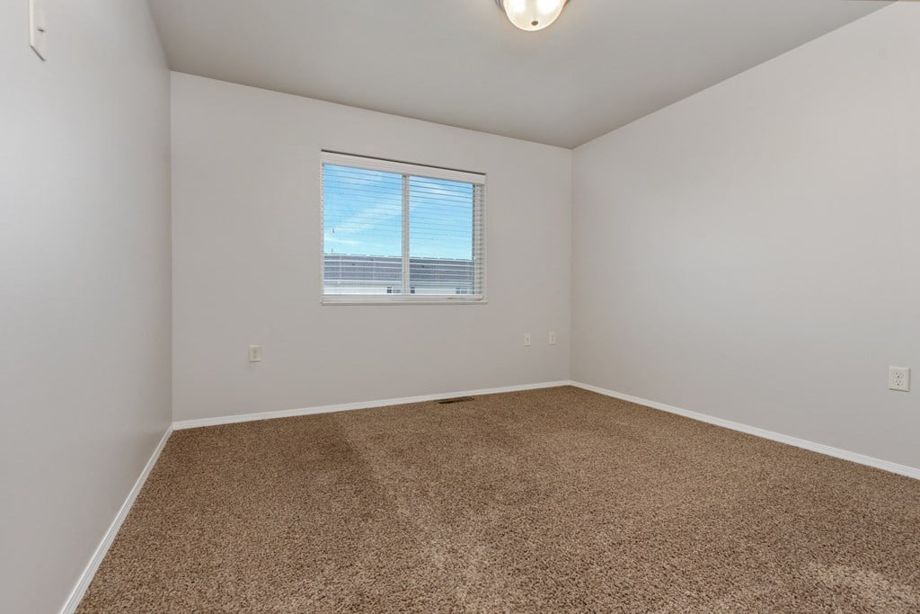 A room with a carpeted floor and a window.