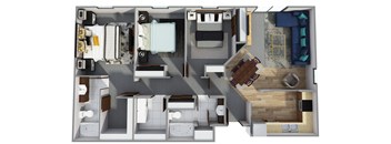 A 3D floor plan of a small apartment with a kitchen, living room, and bedroom.
