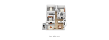 A floor plan of a two-bedroom apartment with a living room, kitchen, and bathroom.