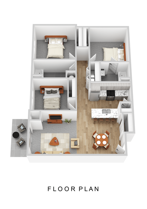 A floor plan of a two-bedroom apartment with a living room, kitchen, and bathroom.