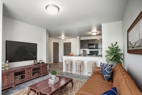 A living room with a brown couch and a flat screen TV.