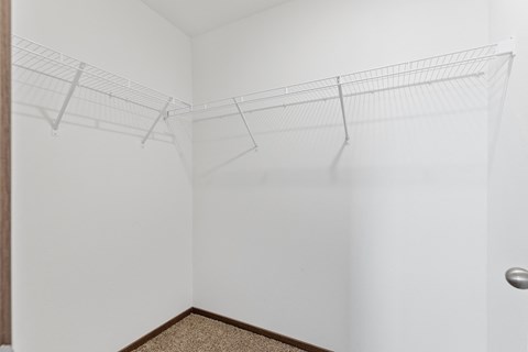 a walk in closet with white walls and shelves and a door