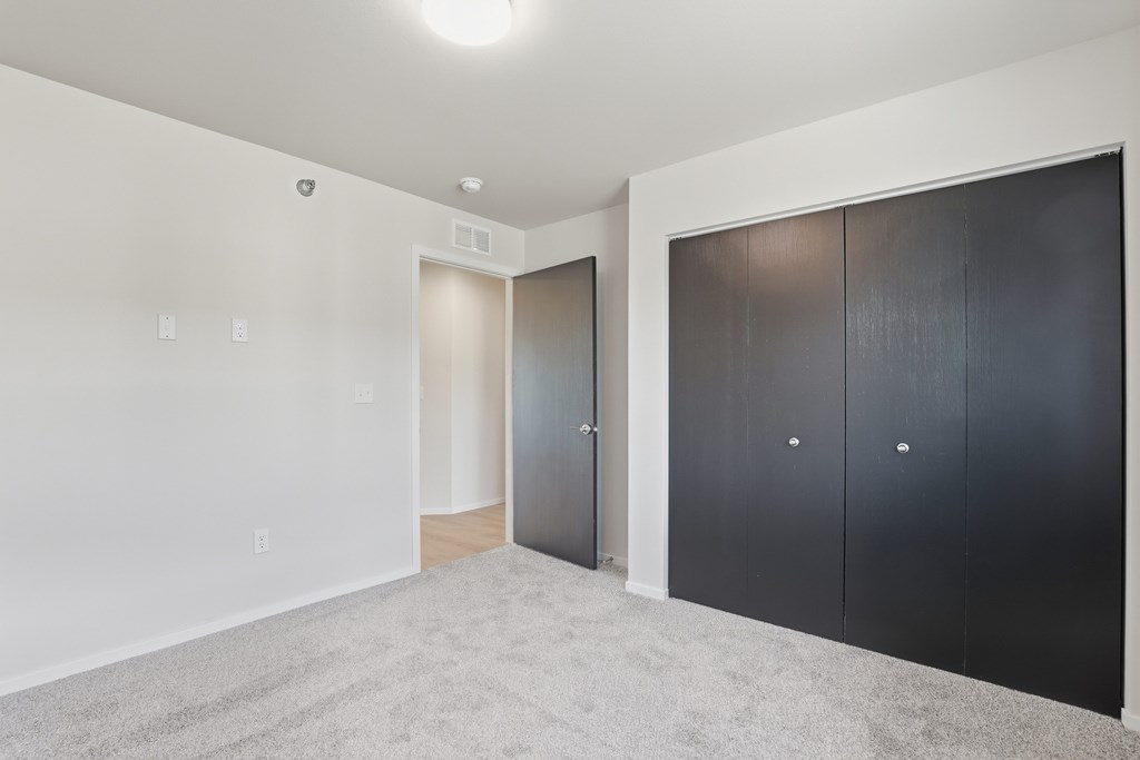 A room with a carpeted floor and two sets of doors.