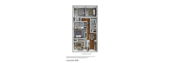 A floor plan of a two-bedroom apartment with a living room, kitchen, and bathroom.