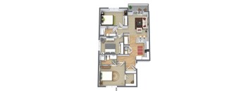A 3D floor plan of a house with a kitchen, living room, and two bedrooms.