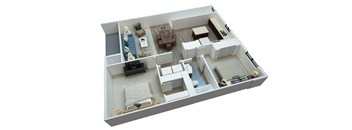 a 3d floor plan of a house with a bedroom and a living room