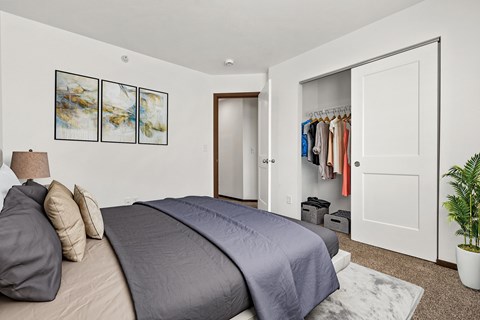A bedroom with a bed, pillows, a plant, and a closet.