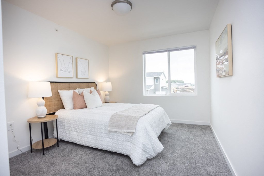 a bedroom with a large bed and a window