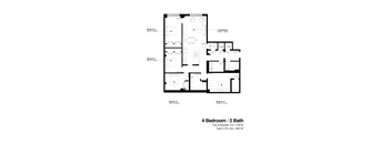 A black and white image of a floor plan for a 4 bedroom / 2 bathroom house.