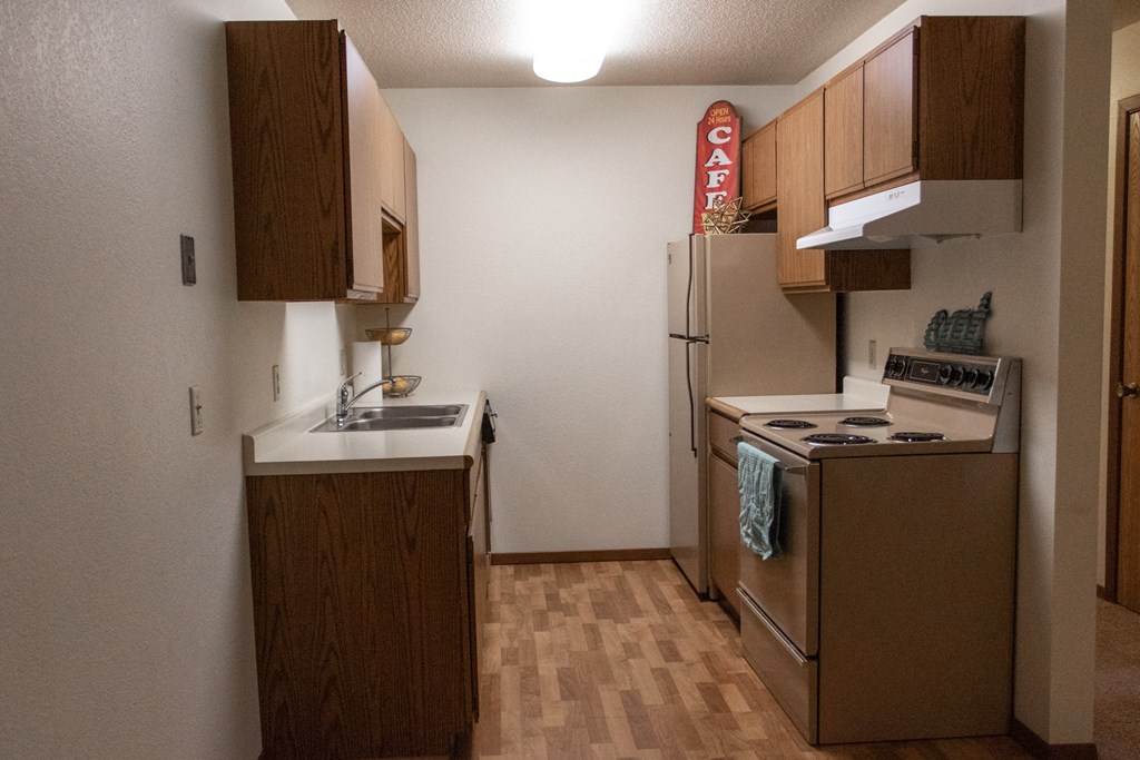 a kitchen with a stove refrigerator and a sink