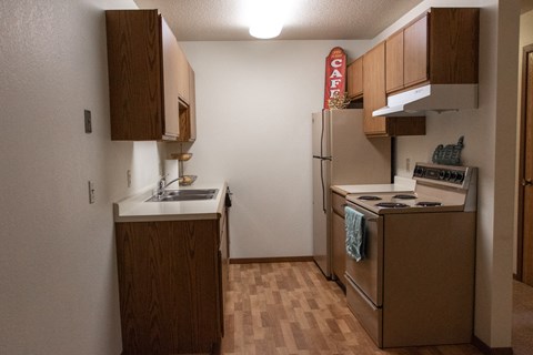 a kitchen with a stove refrigerator and a sink