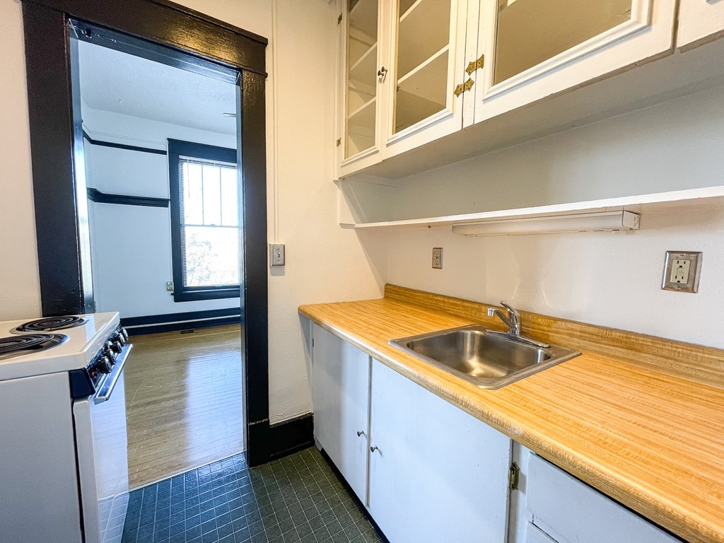 a kitchen with a sink and a stove and a refrigerator