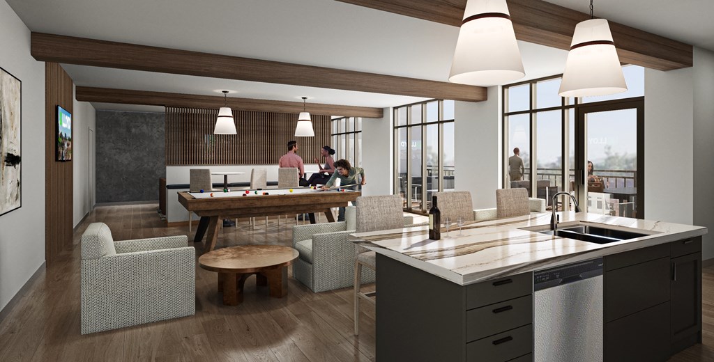 a rendering of a kitchen and dining room with people in the background