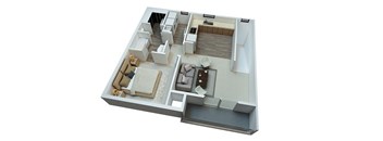 a 3d floor plan with a bedroom and a living room
