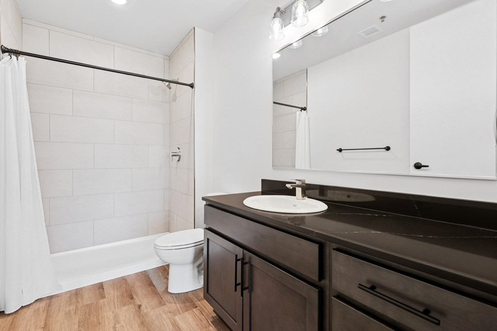 A bathroom with a white shower curtain, a white toilet, a sink with a mirror above it, and a black counter.