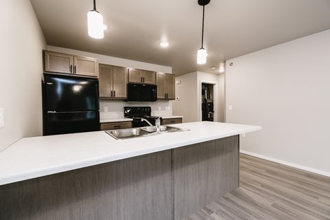 A modern kitchen with a black fridge and stove top oven.