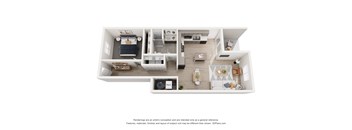 A 3D floor plan of a small apartment with a kitchen, living room, and bedroom.