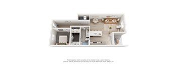 a stylized floor plan with a bedroom and a living room