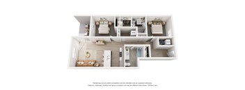 A 3D floor plan of a house with a kitchen, living room, and bathroom.