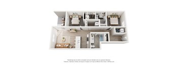 a stylized 3d floor plan with a bedroom and a living room