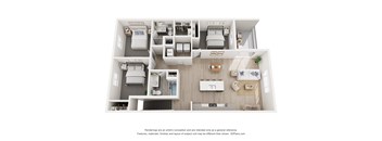 A 3D floor plan of a house with a kitchen, living room, and two bedrooms.