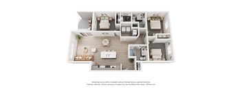 A 3D floor plan of a house with a living room, kitchen, and two bedrooms.