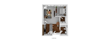 A floor plan of a small apartment with a living room, kitchen, and bathroom.