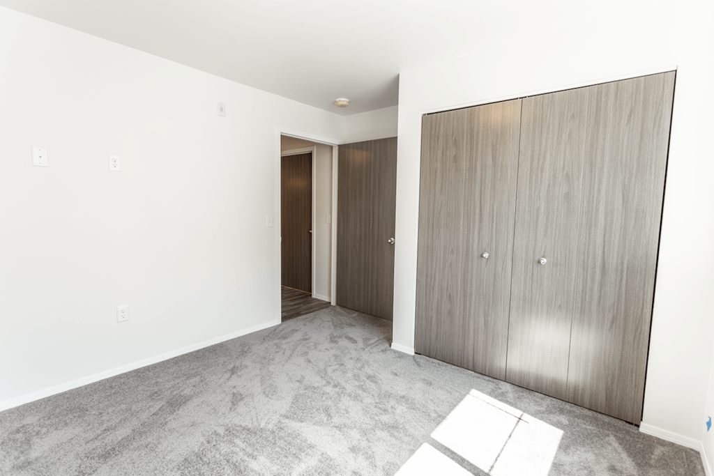 a bedroom with a wardrobe and a carpeted floor