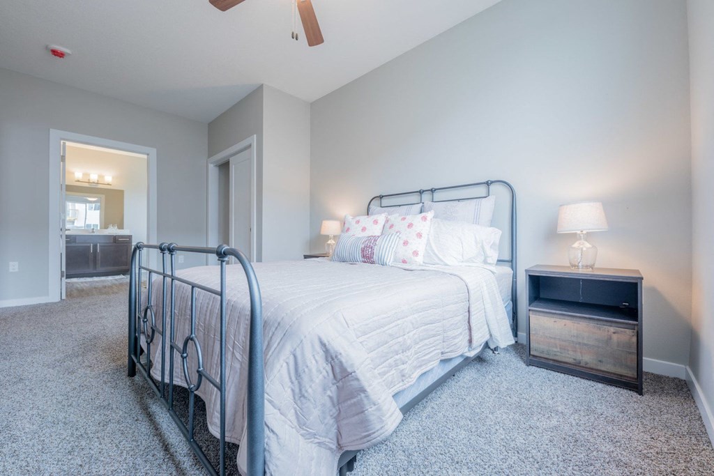 a bedroom with a bed and a closet