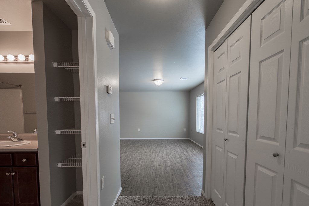 an empty bedroom with a closet and a sink and a window